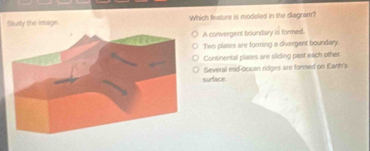study the image. which feature is modeled in the diagram? a convergent boundary is formed. two plates are forming a divergent boundary. continental plates are sliding past each other. several mid - ocean ridges are formed on earths surface.
