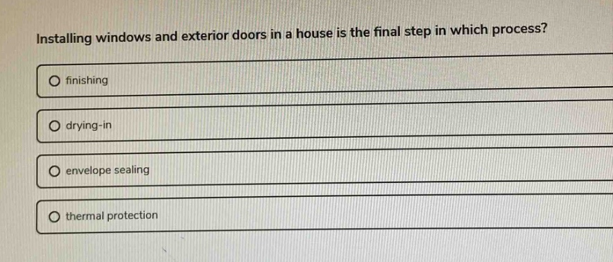 installing windows and exterior doors in a house is the final step in which process?\nfinishing\ndrying - in\nenvelope sealing\nthermal protection