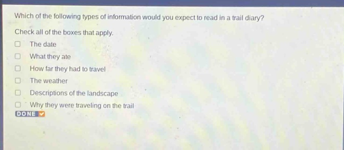 which of the following types of information would you expect to read in a trail diary? check all of the boxes that apply. the date what they ate how far they had to travel the weather descriptions of the landscape why they were traveling on the trail done