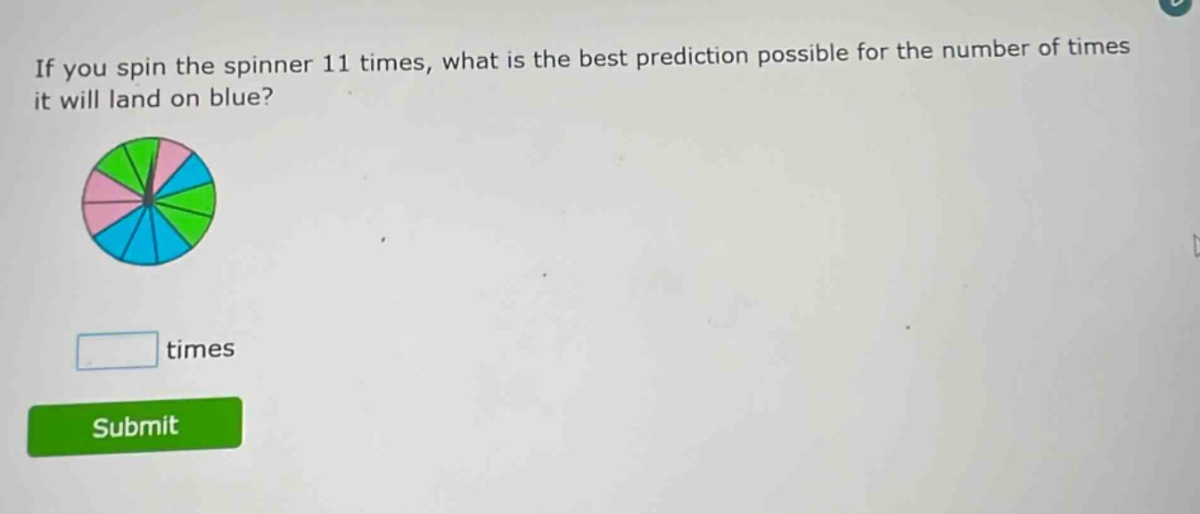 if you spin the spinner 11 times, what is the best prediction possible for the number of times it will land on blue? times