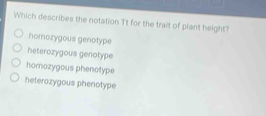 which describes the notation tt for the trait of plant height?\nhomozygous genotype\nheterozygous genotype\nhomozygous phenotype\nheterozygous phenotype