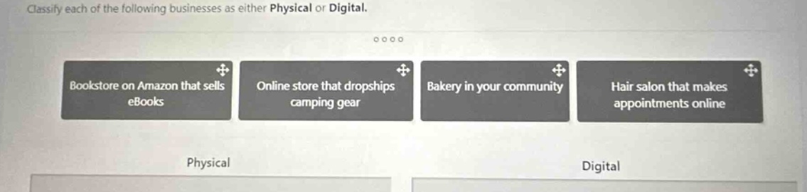 classify each of the following businesses as either physical or digital. bookstore on amazon that sells ebooks online store that dropships camping gear bakery in your community hair salon that makes appointments online physical digital