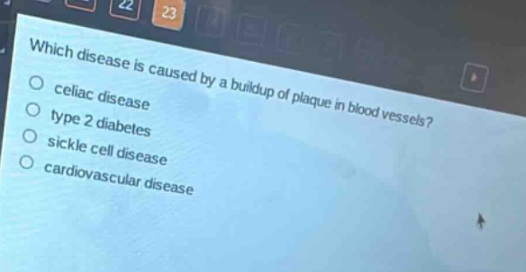 which disease is caused by a buildup of plaque in blood vessels?\ncelia c disease\ntype 2 diabetes\nsickle cell disease\ncardiovascular disease