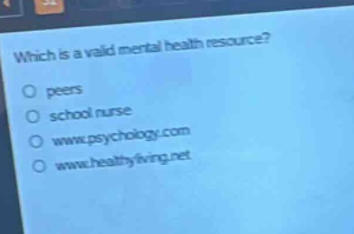 which is a valid mental health resource?\npeers\nschool nurse\nwww.psychology.com\nwww.healthyliving.net