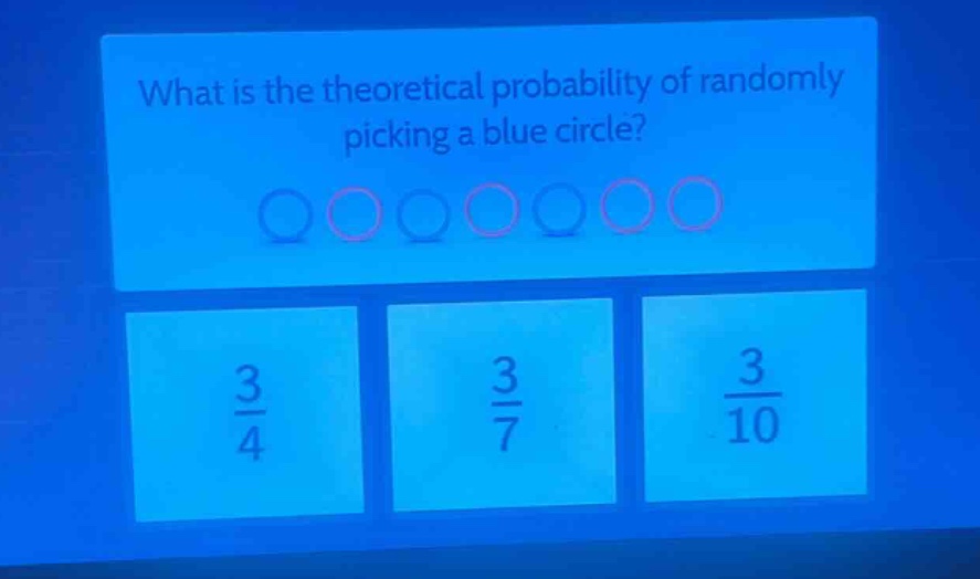 what is the theoretical probability of randomly picking a blue circle? 3/4 3/7 3/10