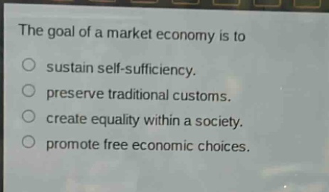the goal of a market economy is to\no sustain self - sufficiency.\no preserve traditional customs.\no create equality within a society.\no promote free economic choices.