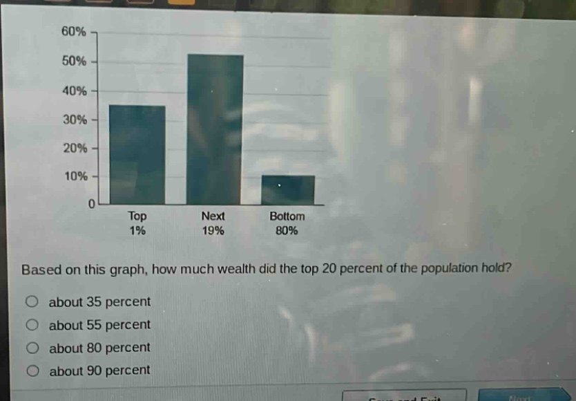 based on this graph, how much wealth did the top 20 percent of the population hold?\nabout 35 percent\nabout 55 percent\nabout 80 percent\nabout 90 percent