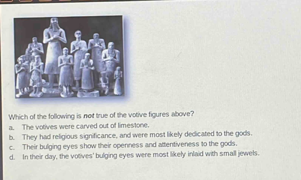 which of the following is not true of the votive figures above? a. the votives were carved out of limestone. b. they had religious significance, and were most likely dedicated to the gods. c. their bulging eyes show their openness and attentiveness to the gods. d. in their day, the votives bulging eyes were most likely inlaid with small jewels.