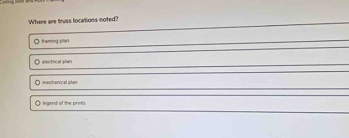 where are truss locations noted?\nframing plan\nelectrical plan\nmechanical plan\nlegend of the prints