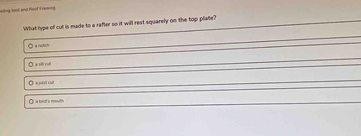 what type of cut is made to a rafter so it will rest squarely on the top plate?\no a notch\no a sill cut\no a joist cut\no a birds mouth