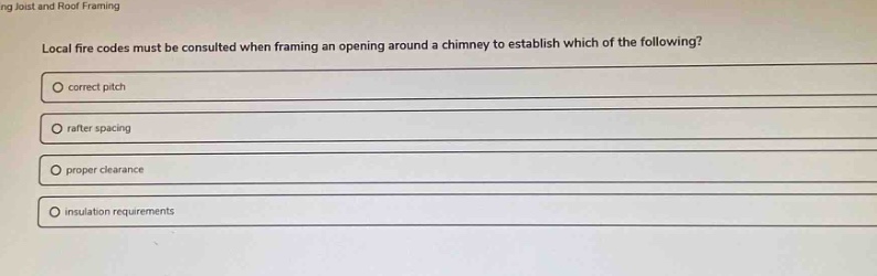 local fire codes must be consulted when framing an opening around a chimney to establish which of the following?\ncorrect pitch\nrafter spacing\nproper clearance\ninsulation requirements