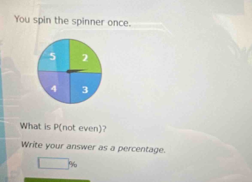you spin the spinner once. what is p(not even)? write your answer as a percentage. %