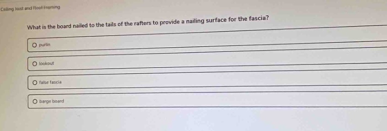 what is the board nailed to the tails of the rafters to provide a nailing surface for the fascia?\no purlin\no lookout\no false fascia\no barge board
