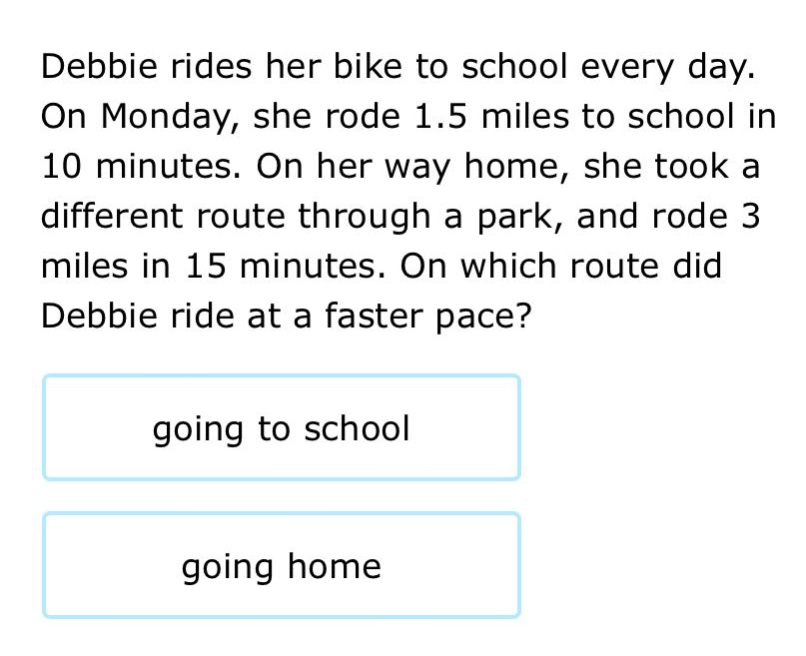 debbie rides her bike to school every day. on monday, she rode 1.5 miles to school in 10 minutes. on her way home, she took a different route through a park, and rode 3 miles in 15 minutes. on which route did debbie ride at a faster pace? going to school going home