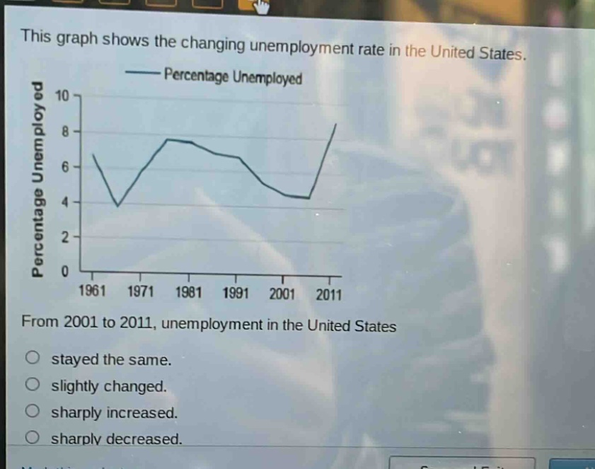 this graph shows the changing unemployment rate in the united states. percentage unemployed 10 8 6 4 2 0 1961 1971 1981 1991 2001 2011 from 2001 to 2011, unemployment in the united states stayed the same. slightly changed. sharply increased. sharply decreased.