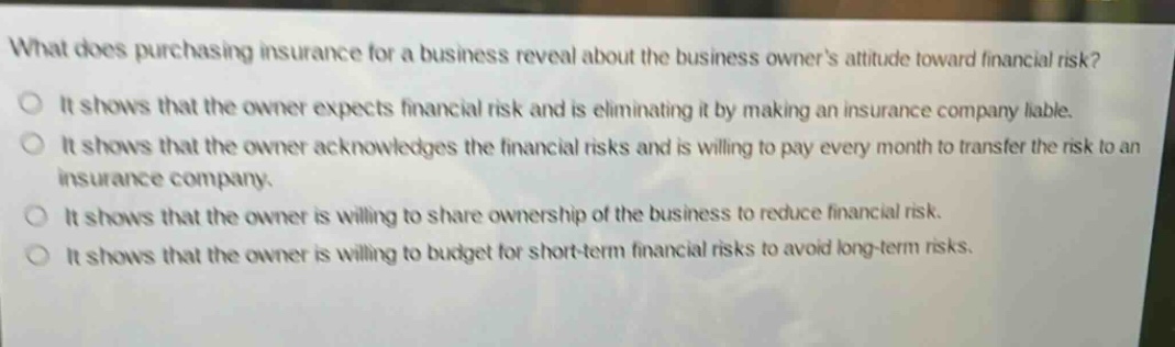 what does purchasing insurance for a business reveal about the business owners attitude toward financial risk? it shows that the owner expects financial risk and is eliminating it by making an insurance company liable. it shows that the owner acknowledges the financial risks and is willing to pay every month to transfer the risk to an insurance company. it shows that the owner is willing to share ownership of the business to reduce financial risk. it shows that the owner is willing to budget for short - term financial risks to avoid long - term risks.