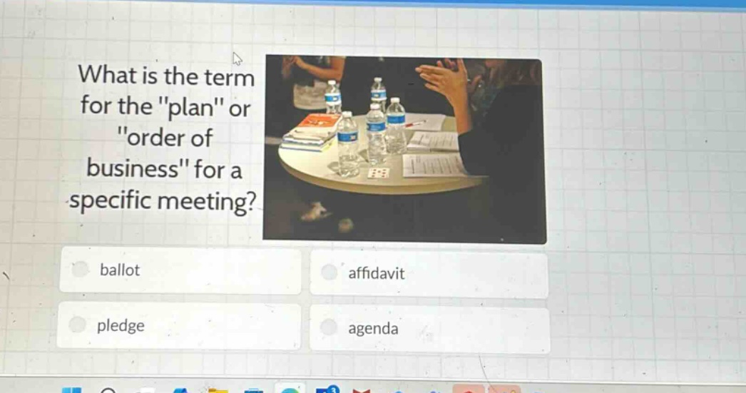 what is the term for the \plan\ or \order of business\ for a specific meeting? ballot affidavit pledge agenda