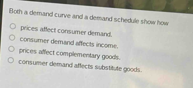 both a demand curve and a demand schedule show how\nprices affect consumer demand.\nconsumer demand affects income.\nprices affect complementary goods.\nconsumer demand affects substitute goods.