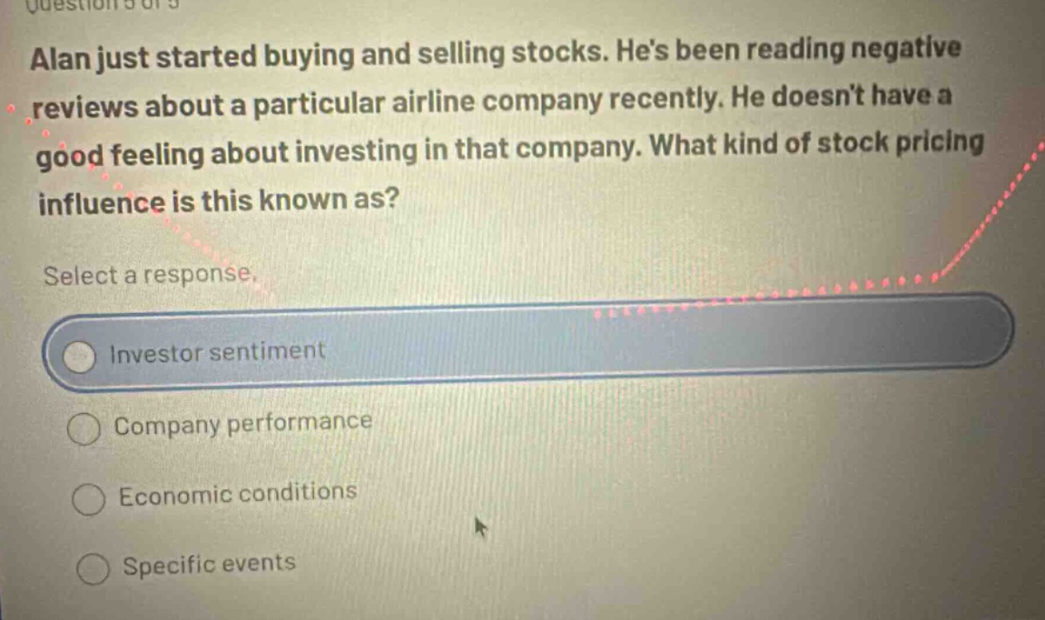alan just started buying and selling stocks. hes been reading negative reviews about a particular airline company recently. he doesnt have a good feeling about investing in that company. what kind of stock pricing influence is this known as? select a response. investor sentiment company performance economic conditions specific events