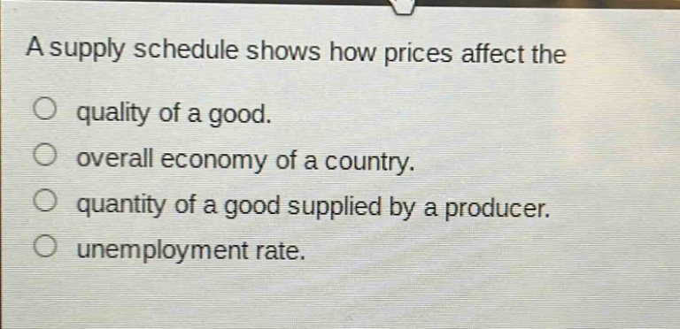 a supply schedule shows how prices affect the\nquality of a good.\noverall economy of a country.\nquantity of a good supplied by a producer.\nunemployment rate.