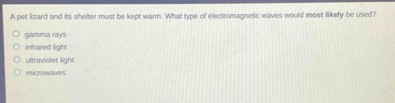 a pet lizard and its shelter must be kept warm. what type of electromagnetic waves would most likely be used?\no gamma rays\no infrared light\no ultraviolet light\no microwaves