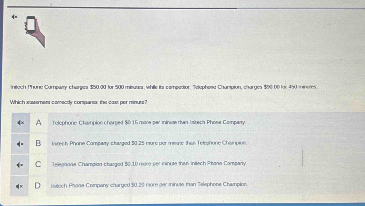 initech phone company charges $50.00 for 500 minutes, while its competitor, telephone champion, charges $90.00 for 450 minutes. which statement correctly compares the cost per minute? a telephone champion charged $0.15 more per minute than initech phone company. b initech phone company charged $0.25 more per minute than telephone champion. c telephone champion charged $0.10 more per minute than initech phone company. d initech phone company charged $0.20 more per minute than telephone champion.