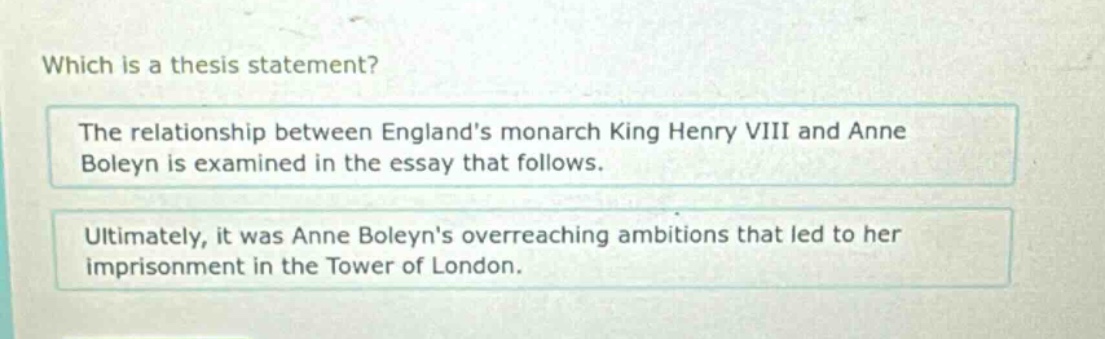 which is a thesis statement? the relationship between england’s monarch king henry viii and anne boleyn is examined in the essay that follows. ultimately, it was anne boleyn’s overreaching ambitions that led to her imprisonment in the tower of london.