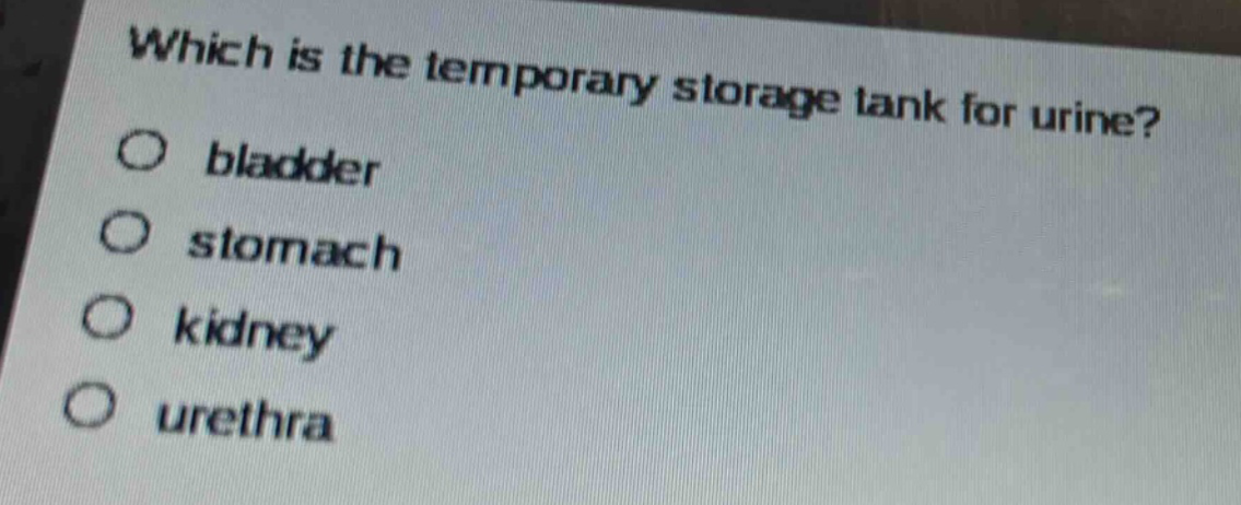 which is the temporary storage tank for urine?\no bladder\no stomach\no kidney\no urethra