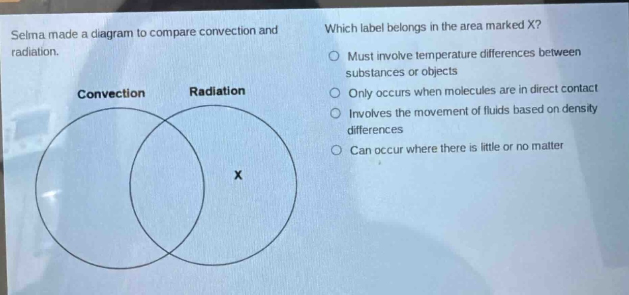 selma made a diagram to compare convection and radiation. which label belongs in the area marked x? must involve temperature differences between substances or objects only occurs when molecules are in direct contact involves the movement of fluids based on density differences can occur where there is little or no matter