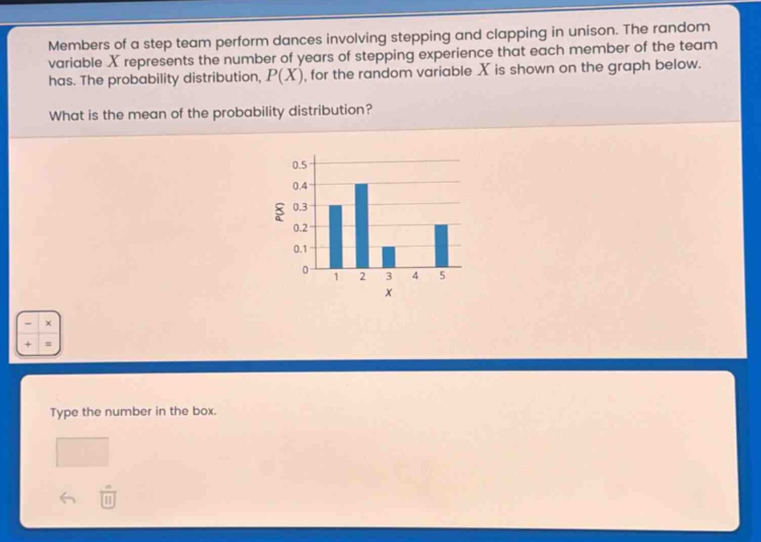 members of a step team perform dances involving stepping and clapping in unison. the random variable x represents the number of years of stepping experience that each member of the team has. the probability distribution, p(x), for the random variable x is shown on the graph below. what is the mean of the probability distribution? type the number in the box.