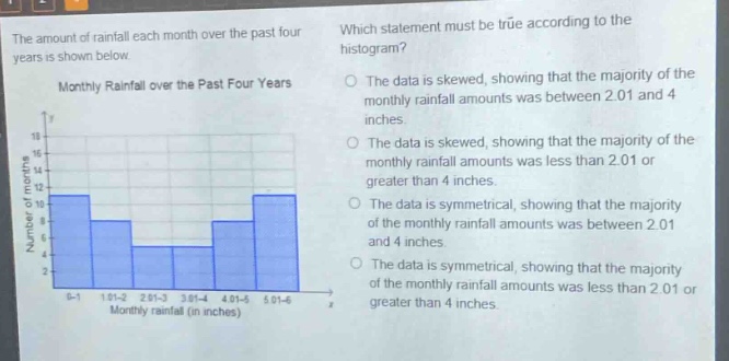 the amount of rainfall each month over the past four years is shown below. monthly rainfall over the past four years which statement must be true according to the histogram? the data is skewed, showing that the majority of the monthly rainfall amounts was between 2.01 and 4 inches. the data is skewed, showing that the majority of the monthly rainfall amounts was less than 2.01 or greater than 4 inches. the data is symmetrical, showing that the majority of the monthly rainfall amounts was between 2.01 and 4 inches. the data is symmetrical, showing that the majority of the monthly rainfall amounts was less than 2.01 or greater than 4 inches.