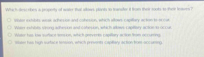 which describes a property of water that allows plants to transfer it from their roots to their leaves?\nwater exhibits weak adhesion and cohesion, which allows capillary action to occur.\nwater exhibits strong adhesion and cohesion, which allows capillary action to occur.\nwater has low surface tension, which prevents capillary action from occurring.\nwater has high surface tension, which prevents capillary action from occurring.