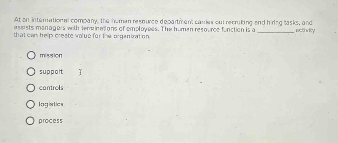 at an international company, the human resource department carries out recruiting and hiring tasks, and assists managers with terminations of employees. the human resource function is a ____________ activity that can help create value for the organization. mission support controls logistics process