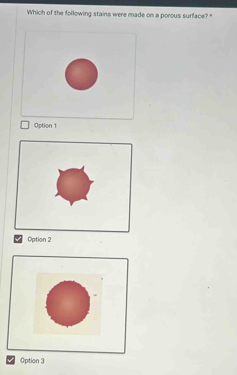 which of the following stains were made on a porous surface? * option 1 option 2 option 3