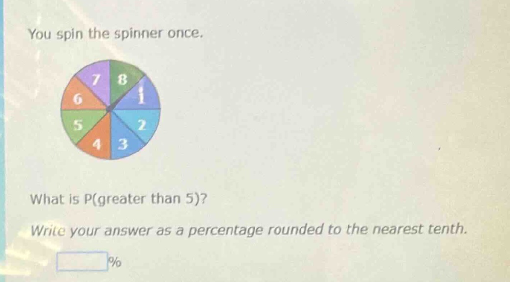 you spin the spinner once. what is p(greater than 5)? write your answer as a percentage rounded to the nearest tenth. %