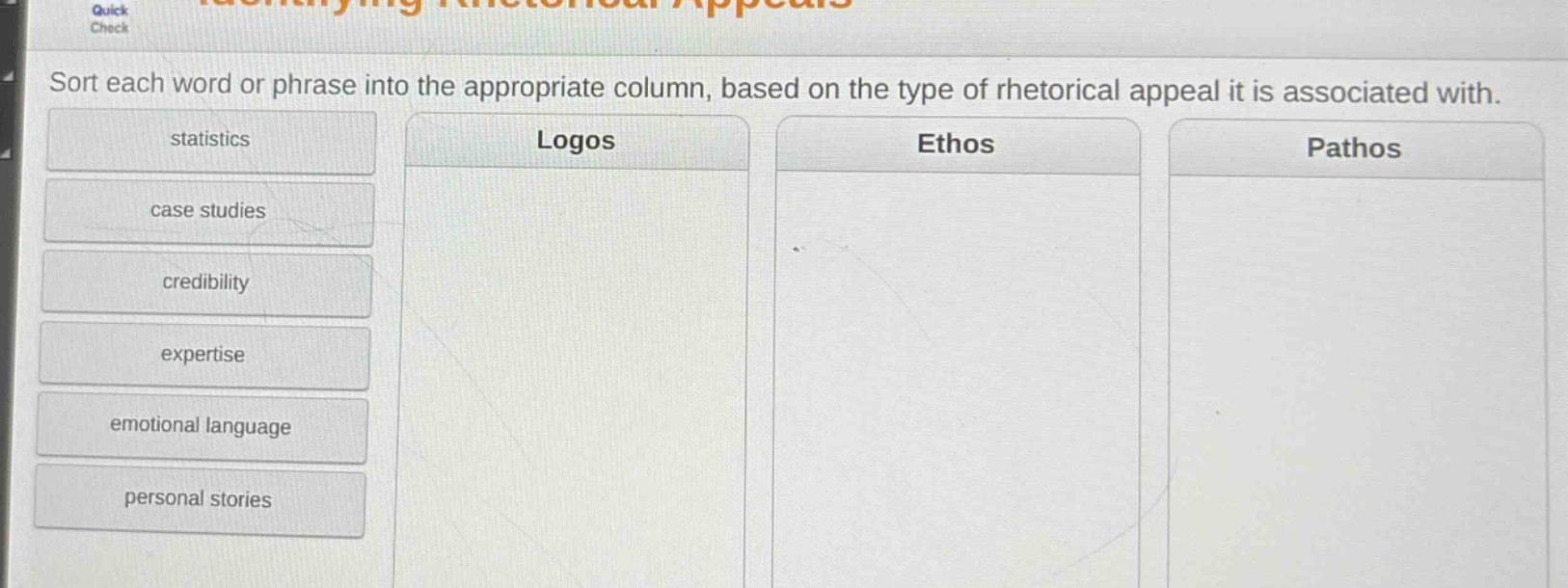 sort each word or phrase into the appropriate column, based on the type of rhetorical appeal it is associated with. statistics case studies credibility expertise emotional language personal stories logos ethos pathos