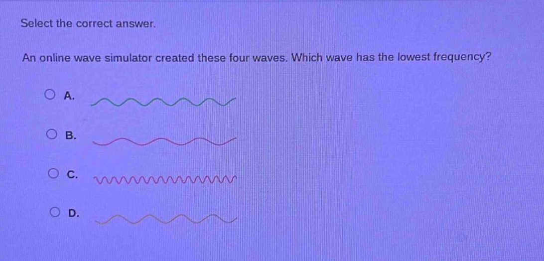 select the correct answer. an online wave simulator created these four waves. which wave has the lowest frequency? a. b. c. d.