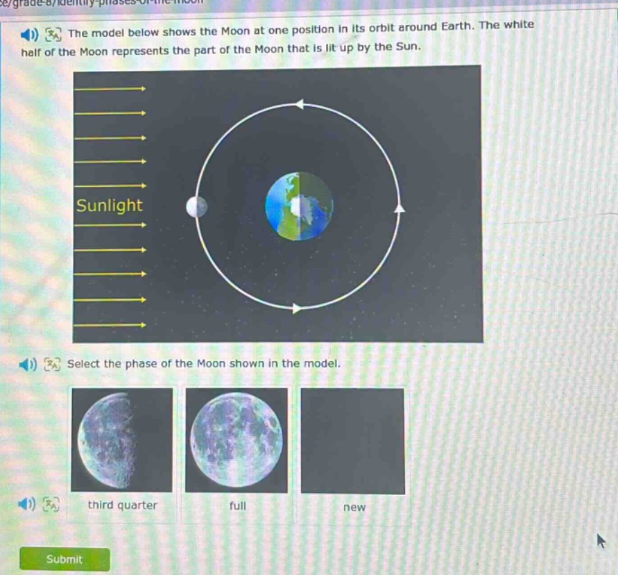 the model below shows the moon at one position in its orbit around earth. the white half of the moon represents the part of the moon that is lit up by the sun. select the phase of the moon shown in the model. third quarter full new