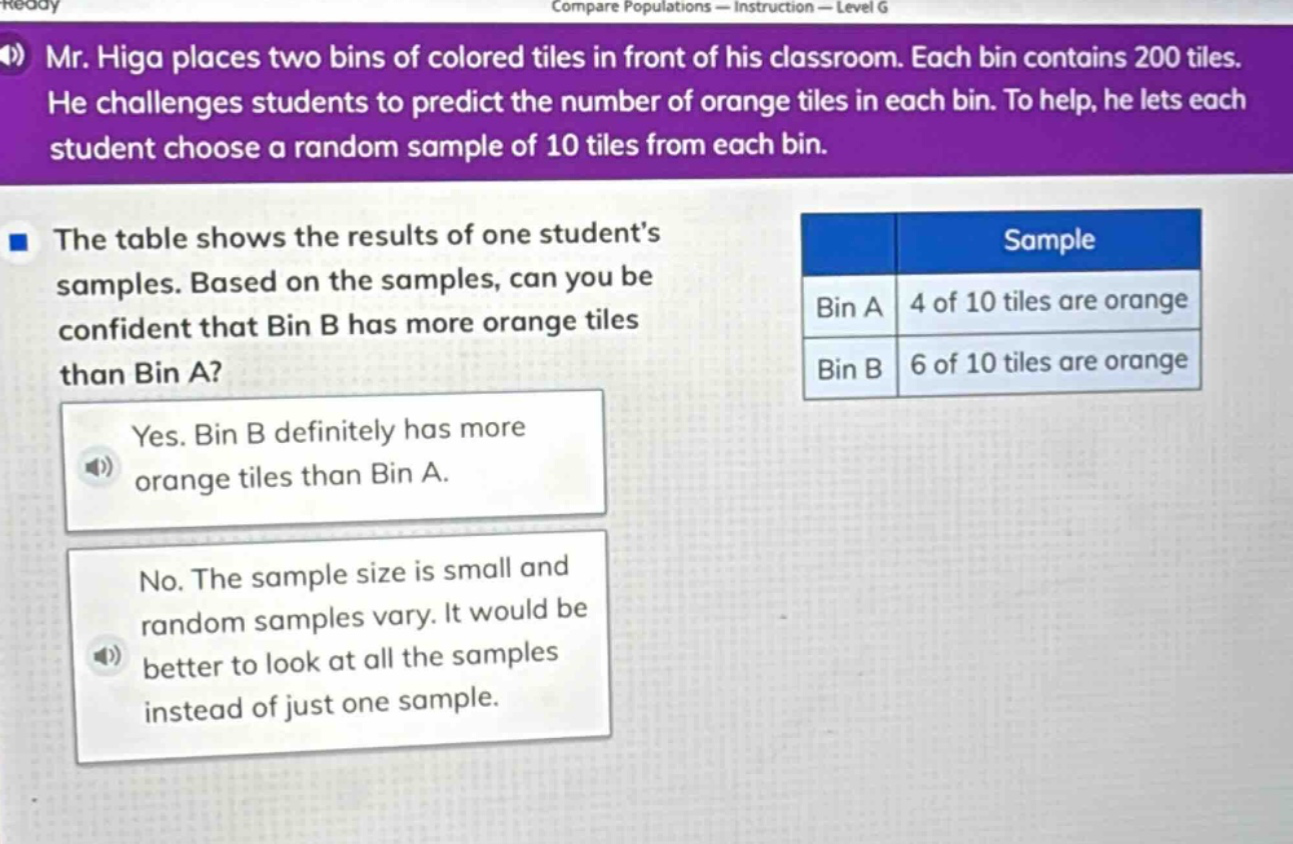 mr. higa places two bins of colored tiles in front of his classroom. each bin contains 200 tiles. he challenges students to predict the number of orange tiles in each bin. to help, he lets each student choose a random sample of 10 tiles from each bin. the table shows the results of one students samples. based on the samples, can you be confident that bin b has more orange tiles than bin a? sample bin a 4 of 10 tiles are orange bin b 6 of 10 tiles are orange yes. bin b definitely has more orange tiles than bin a. no. the sample size is small and random samples vary. it would be better to look at all the samples instead of just one sample.