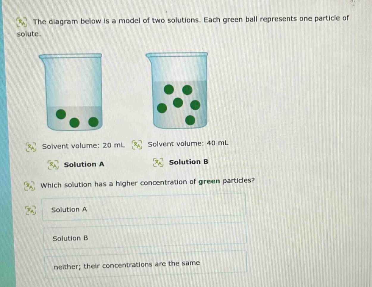 the diagram below is a model of two solutions. each green ball represents one particle of solute. solvent volume: 20 ml solution a solvent volume: 40 ml solution b which solution has a higher concentration of green particles? solution a solution b neither; their concentrations are the same