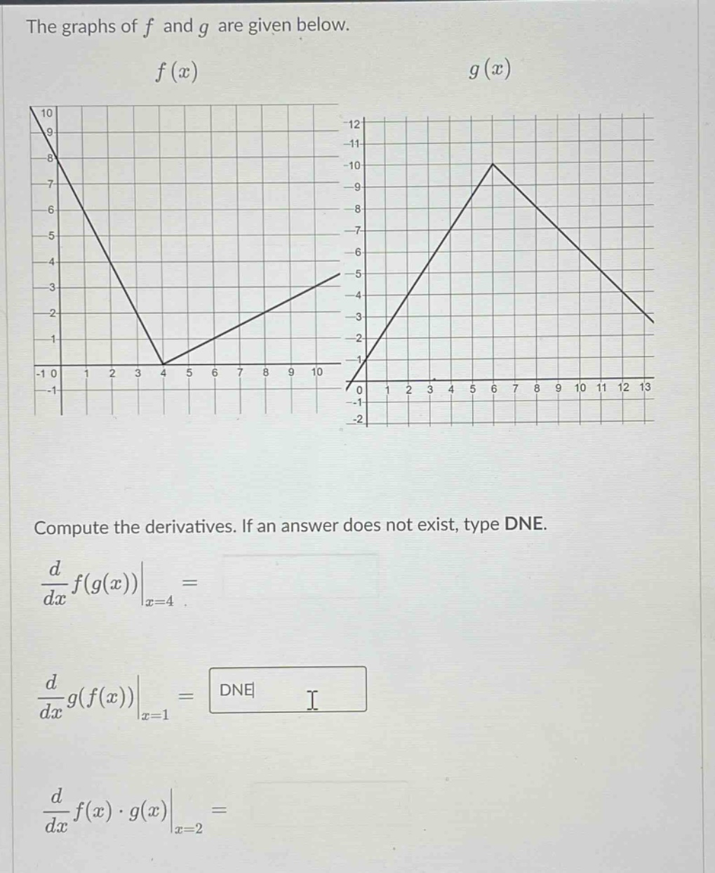 the graphs of f and g are given below. f(x) g(x) compute the derivatives. if an answer does not exist, type dne. d/dx f(g(x))|x = 4 = d/dx g(f(x))|x = 1 = dne d/dx f(x)·g(x)|x = 2 =