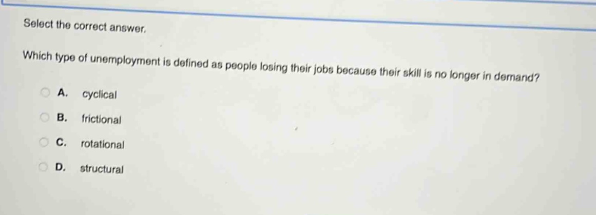 select the correct answer. which type of unemployment is defined as people losing their jobs because their skill is no longer in demand? a. cyclical b. frictional c. rotational d. structural