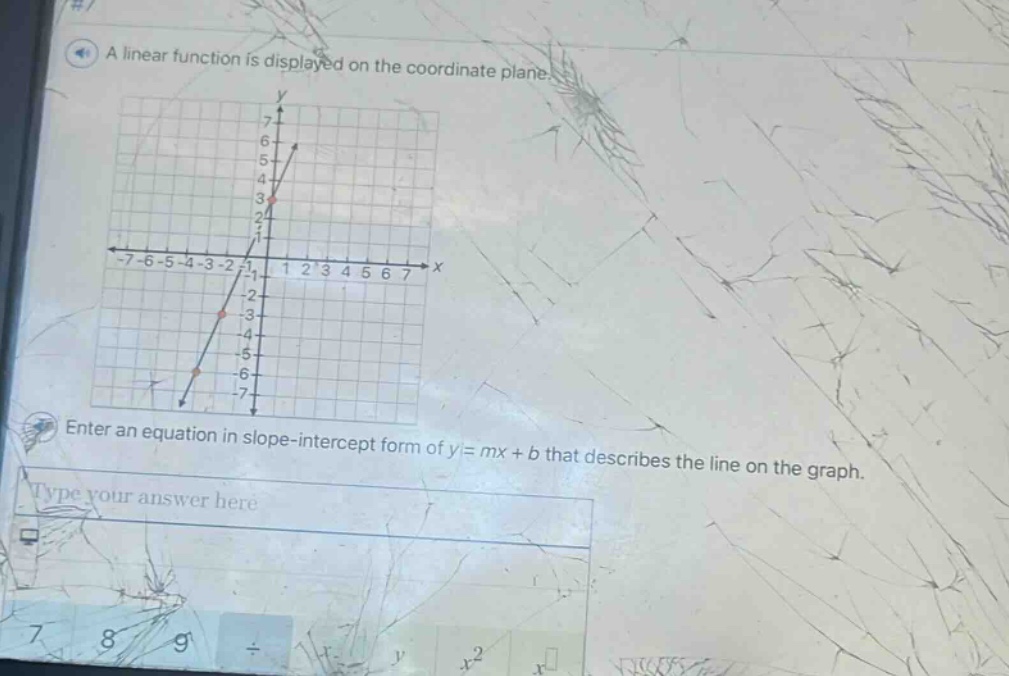 a linear function is displayed on the coordinate plane. enter an equation in slope - intercept form of y = mx + b that describes the line on the graph.
