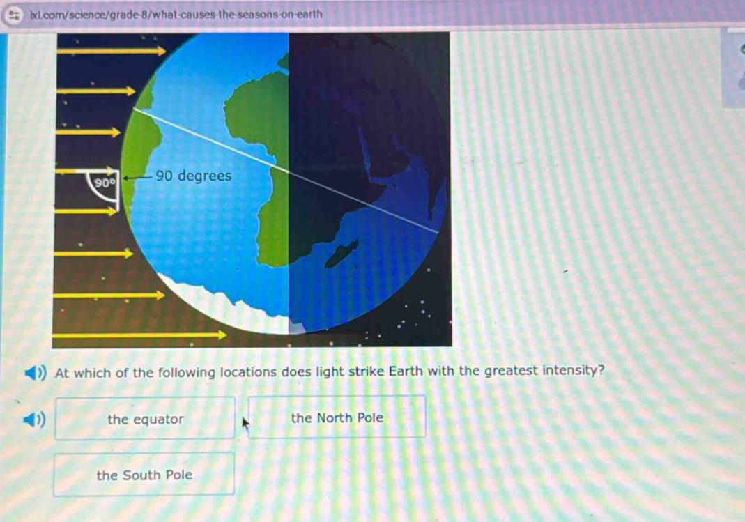 at which of the following locations does light strike earth with the greatest intensity? the equator the north pole the south pole