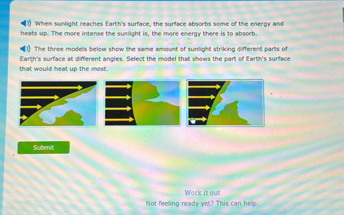 when sunlight reaches earths surface, the surface absorbs some of the energy and heats up. the more intense the sunlight is, the more energy there is to absorb. the three models below show the same amount of sunlight striking different parts of earths surface at different angles. select the model that shows the part of earths surface that would heat up the most.