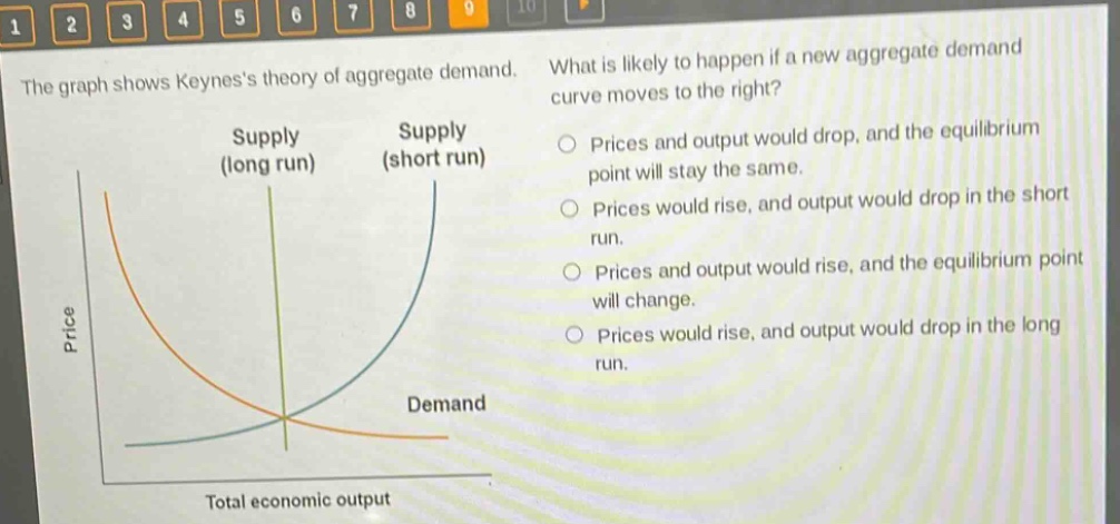 the graph shows keyness theory of aggregate demand. what is likely to happen if a new aggregate demand curve moves to the right? supply (long run) supply (short run) prices and output would drop, and the equilibrium point will stay the same. prices would rise, and output would drop in the short run. prices and output would rise, and the equilibrium point will change. prices would rise, and output would drop in the long run. price demand total economic output