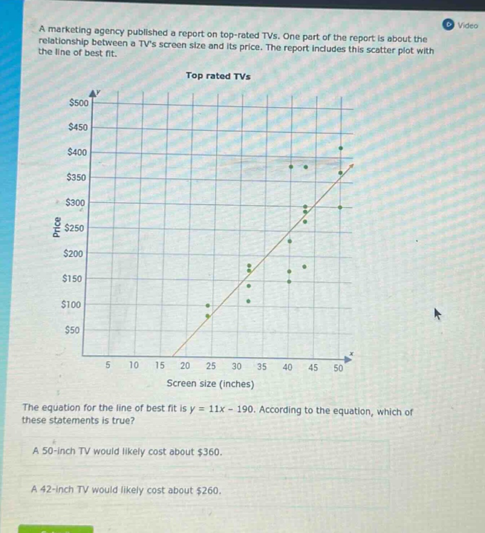 a marketing agency published a report on top - rated tvs. one part of the report is about the relationship between a tvs screen size and its price. the report includes this scatter plot with the line of best fit. top rated tvs the equation for the line of best fit is y = 11x - 190. according to the equation, which of these statements is true? a 50 - inch tv would likely cost about $360. a 42 - inch tv would likely cost about $260.