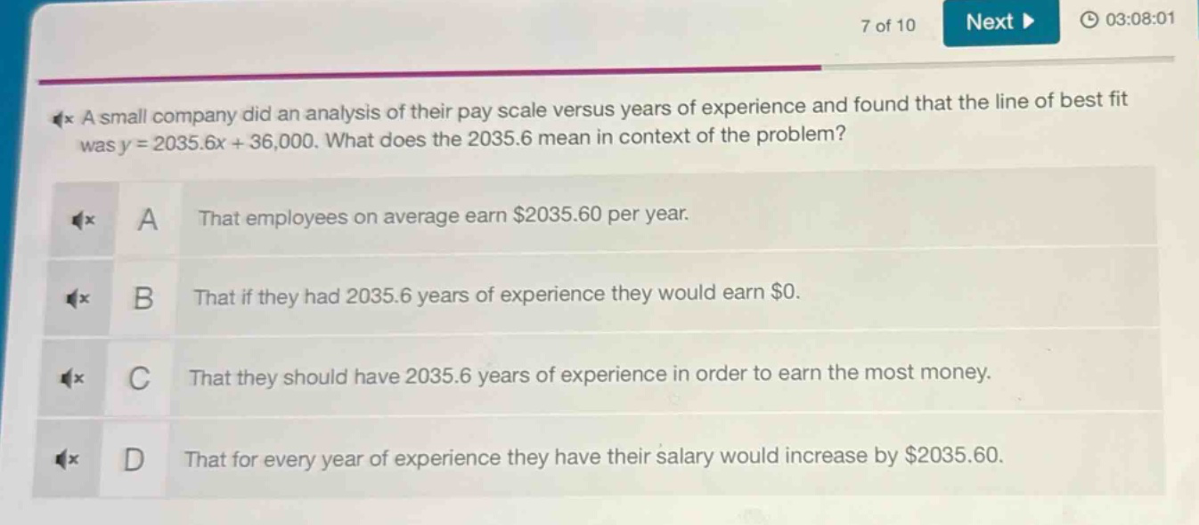 a small company did an analysis of their pay scale versus years of experience and found that the line of best fit was y = 2035.6x + 36,000. what does the 2035.6 mean in context of the problem? a that employees on average earn $2035.60 per year. b that if they had 2035.6 years of experience they would earn $0. c that they should have 2035.6 years of experience in order to earn the most money. d that for every year of experience they have their salary would increase by $2035.60.