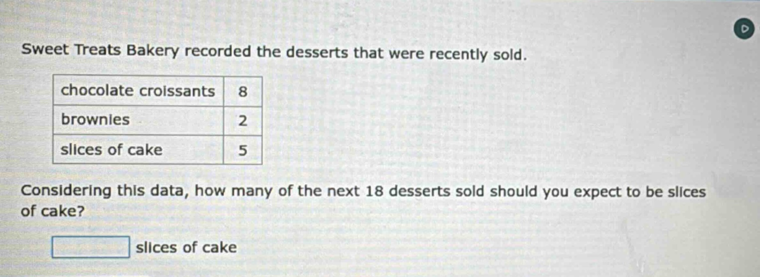 sweet treats bakery recorded the desserts that were recently sold. chocolate croissants 8 brownies 2 slices of cake 5 considering this data, how many of the next 18 desserts sold should you expect to be slices of cake? slices of cake