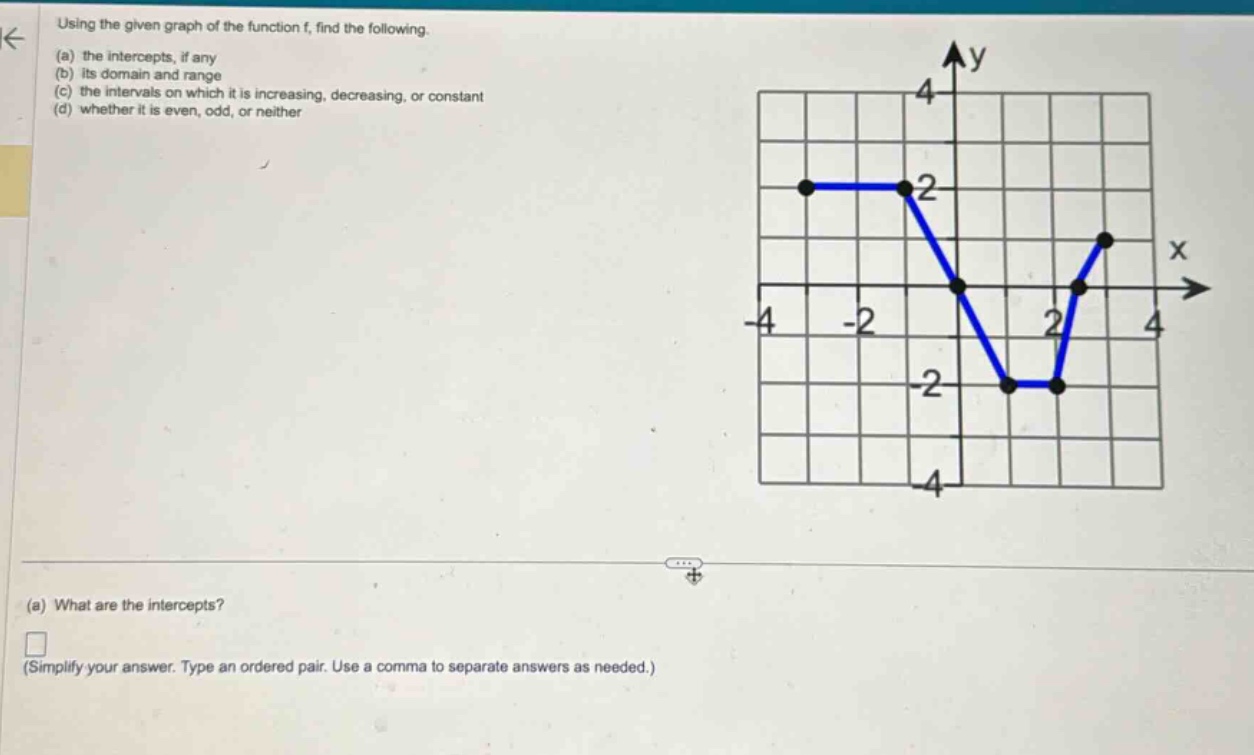 using the given graph of the function f, find the following. (a) the intercepts, if any (b) its domain and range (c) the intervals on which it is increasing, decreasing, or constant (d) whether it is even, odd, or neither (a) what are the intercepts? (simplify your answer. type an ordered pair. use a comma to separate answers as needed.)